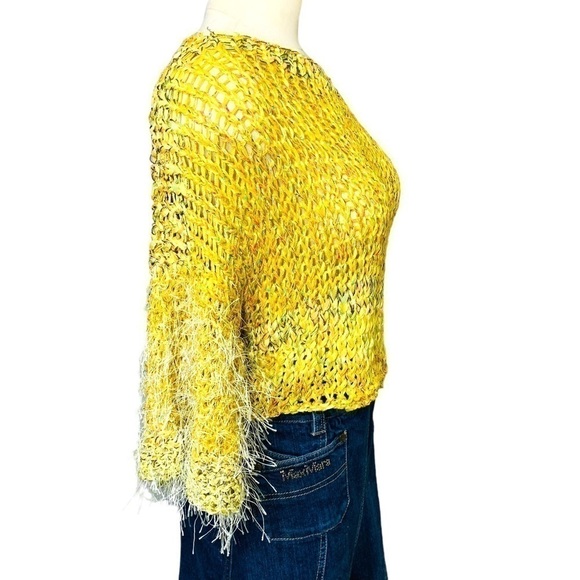 Hand Crafted Boho Yellow Fabric Knit Cropped Sweater Wide Sleeves Fuzzy Top O/S - Picture 2 of 9
